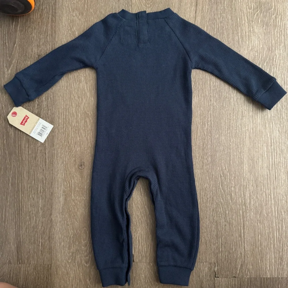 Levi's Thermal Coverall Boys 12M Navy Blue Waffle Knit Logo Romper
